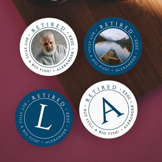 Modern Elegant Blue Coastal Retire Photo Monogram Coaster Set (Creator Uploaded)