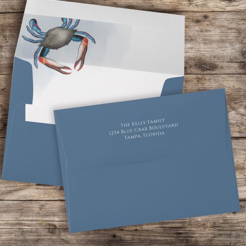 Modern Elegant Blue Crab Minimalist Watercolor Inv Envelope