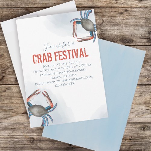 Modern Elegant Blue Crab Minimalist Watercolor Invitation