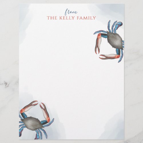 Modern Elegant Blue Crab Minimalist Watercolor Letterhead