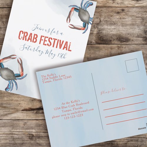 Modern Elegant Blue Crab Minimalist Watercolor Postcard