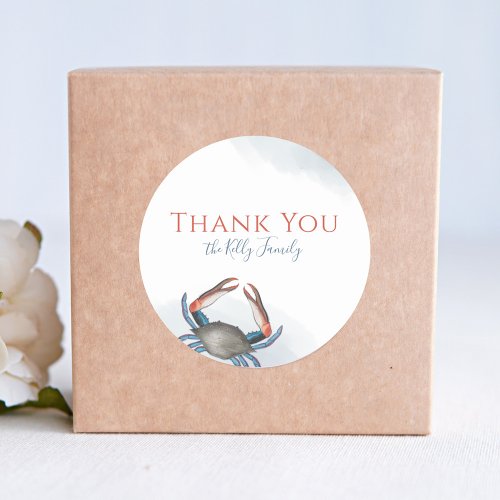 Modern Elegant Blue Crab Watercolor Thank You Classic Round Sticker