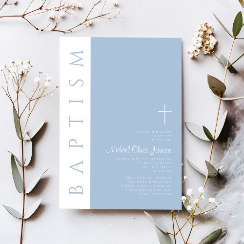 Modern Elegant Blue Cross Boy Baptism  Invitation