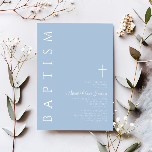 Modern Elegant Blue Cross Boy Baptism Invitation