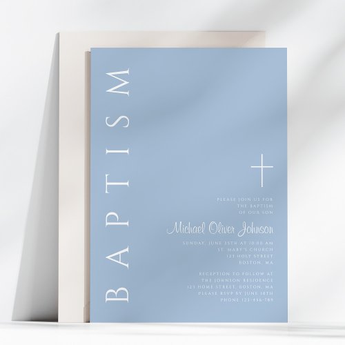 Modern Elegant Blue Cross Boy Baptism Invitation