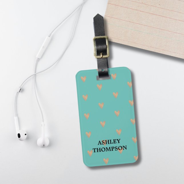 Modern Elegant Blue Faux Gold Hearts  Luggage Tag (Creator Uploaded)