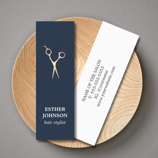 Modern Elegant Blue Faux Gold Scissors Hair Mini Business Card (Creator Uploaded)