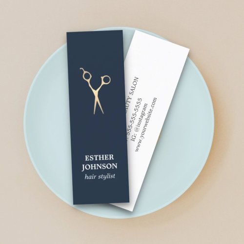 Modern Elegant Blue Faux Gold Scissors Hair Mini Business Card