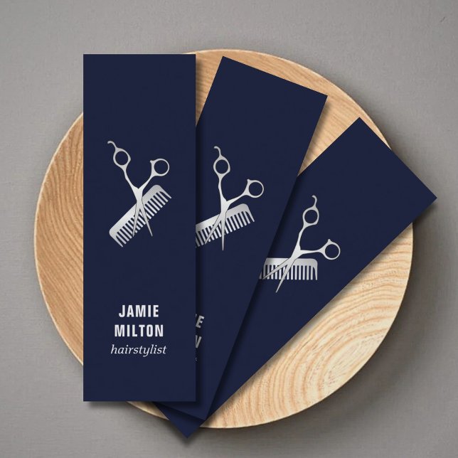 Modern Elegant Blue Faux Silver Scissor Comb Mini Business Card (Creator Uploaded)