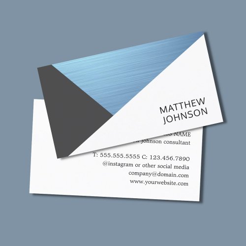 Modern Elegant Blue FauxMetal White Grey Geometric Business Card