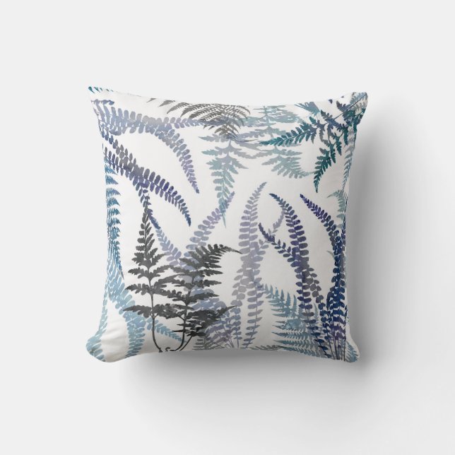 Modern Elegant Blue Fern Leaves Abstract Throw Pillow (Front)