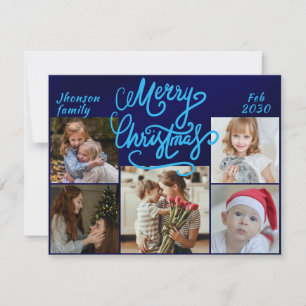Modern Elegant Blue Five Photo Collage Christmas Holiday Card