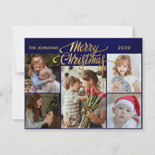 Modern Elegant Blue Five Photo Collage Christmas Holiday Card