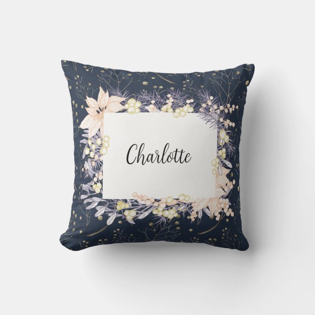 Modern Elegant Blue Floral Christmas  Throw Pillow (Front)