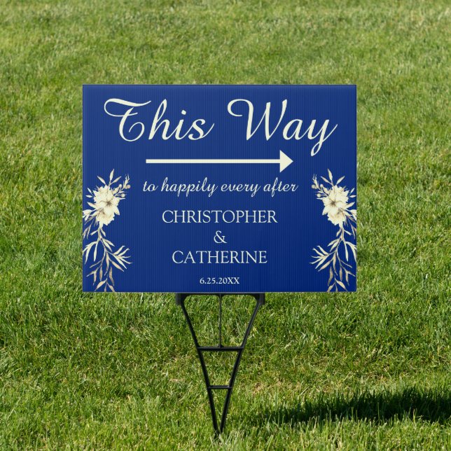 Modern Elegant Blue Floral This Way to Wedding Sign (Insitu)