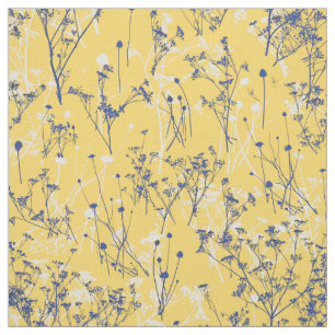 Modern Elegant Blue Flowers Mustard Yellow Fabric
