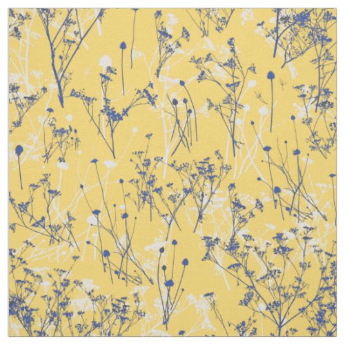 Modern Elegant Blue Flowers Mustard Yellow  Fabric