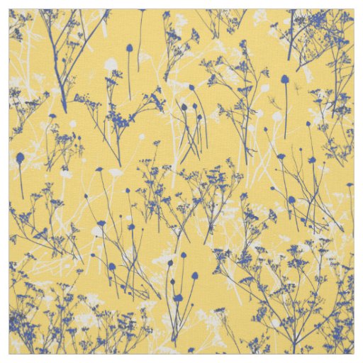 Modern Elegant Blue Flowers Mustard Yellow  Fabric