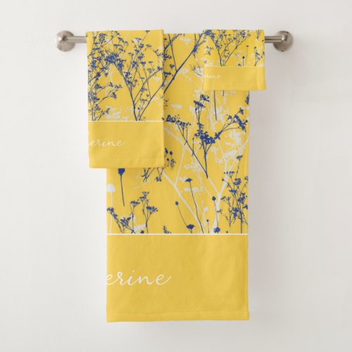 Modern Elegant Blue Flowers Mustard Yellow Name Bath Towel Set