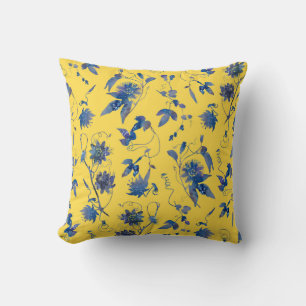 Modern Elegant Blue Flowers Mustard Yellow Throw Pillow
