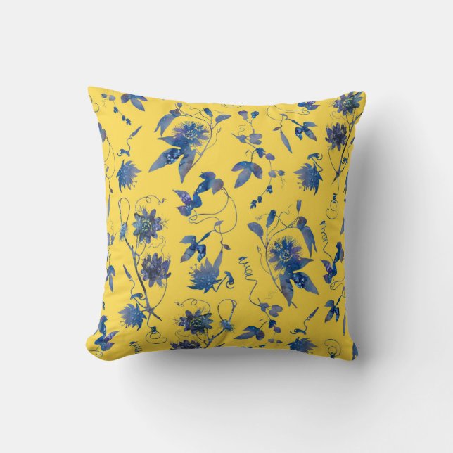 Modern Elegant Blue Flowers Mustard Yellow Throw Pillow (Front)