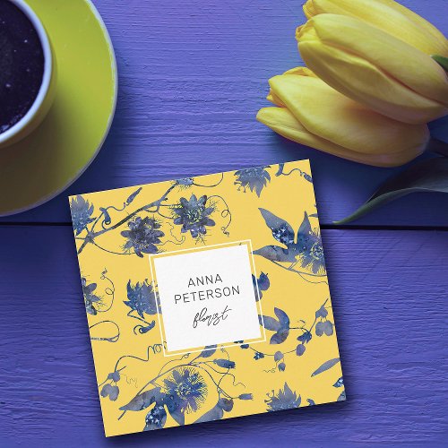 Modern Elegant Blue Flowers on Yellow Square Business Card