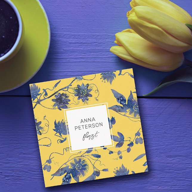 Modern Elegant Blue Flowers on Yellow Square Business Card (Creator Uploaded)