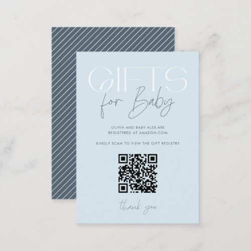 Modern Elegant Blue Gifts Baby Shower QR Code Enclosure Card
