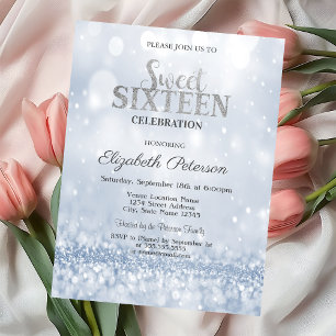 Modern Elegant Blue Glitter Bokeh Sweet 16 Invitation