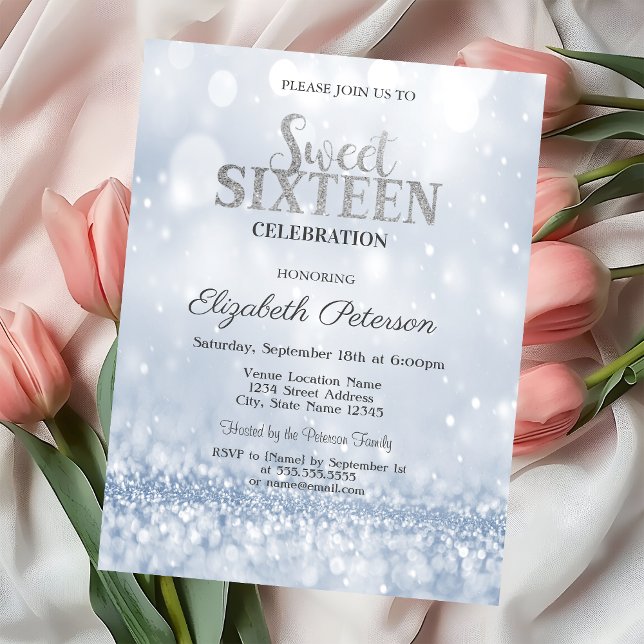 Modern Elegant Blue Glitter Bokeh Sweet 16 Invitation (Creator Uploaded)
