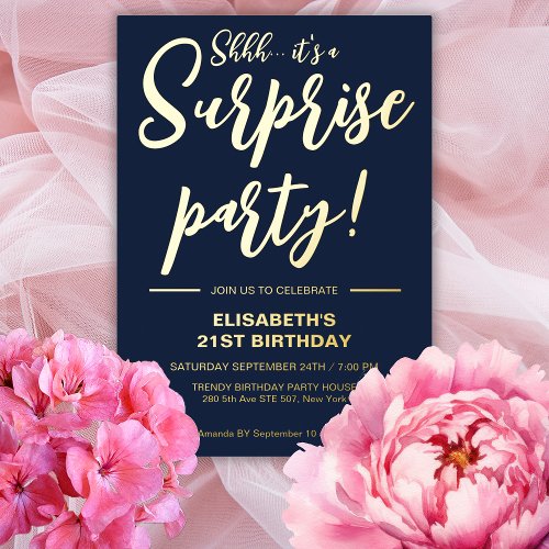 Modern Elegant Blue  Gold 21st Surprise Birthday Foil Invitation