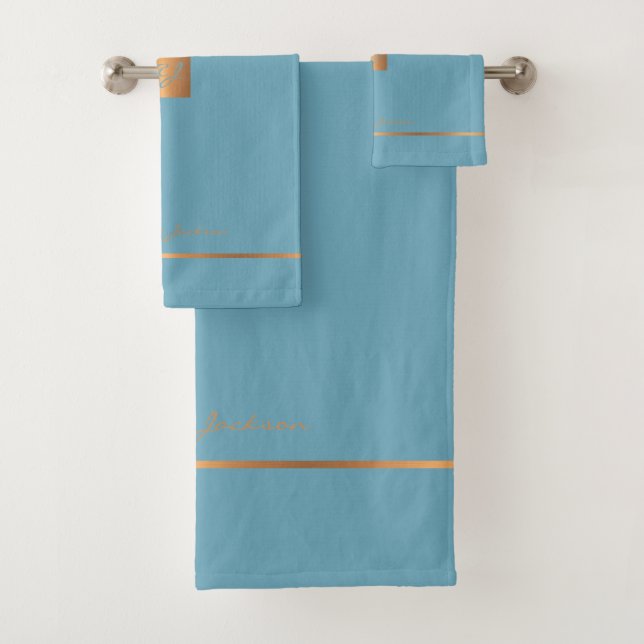 Modern elegant blue gold chic monogrammed stripes bath towel set (Insitu)