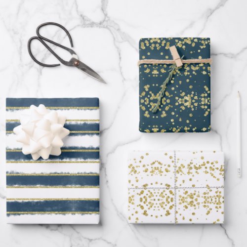 Modern Elegant Blue Gold Christmas Holiday Wrapping Paper Sheets