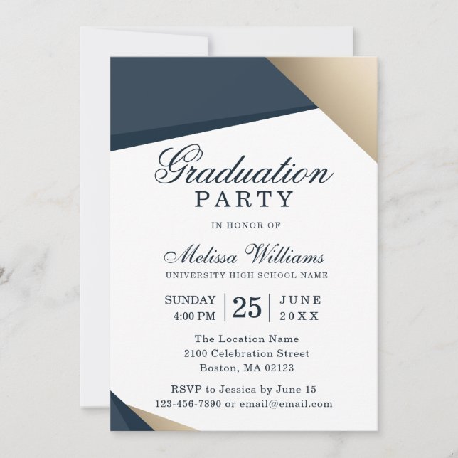 Modern Elegant Blue Gold Graduation Party Invitation (Front)