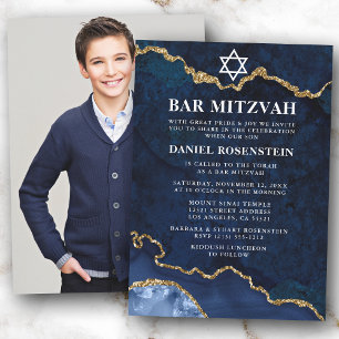 Modern Elegant Blue Gold Marble Bar Mitzvah Photo Invitation