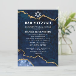 Modern Elegant Blue Gold Marble Bar Mitzvah Photo Invitation 