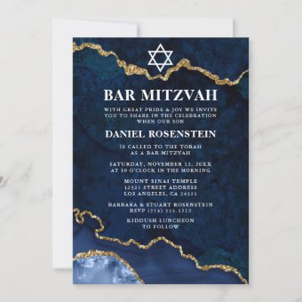 Modern Elegant Blue Gold Marble Bar Mitzvah Photo Invitation | Zazzle