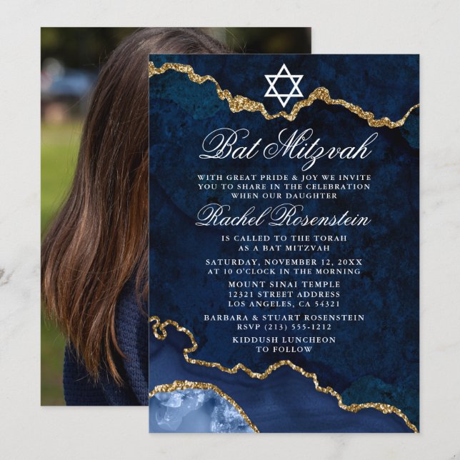 Modern Elegant Blue Gold Marble Bat Mitzvah Photo Invitation (Front/Back)
