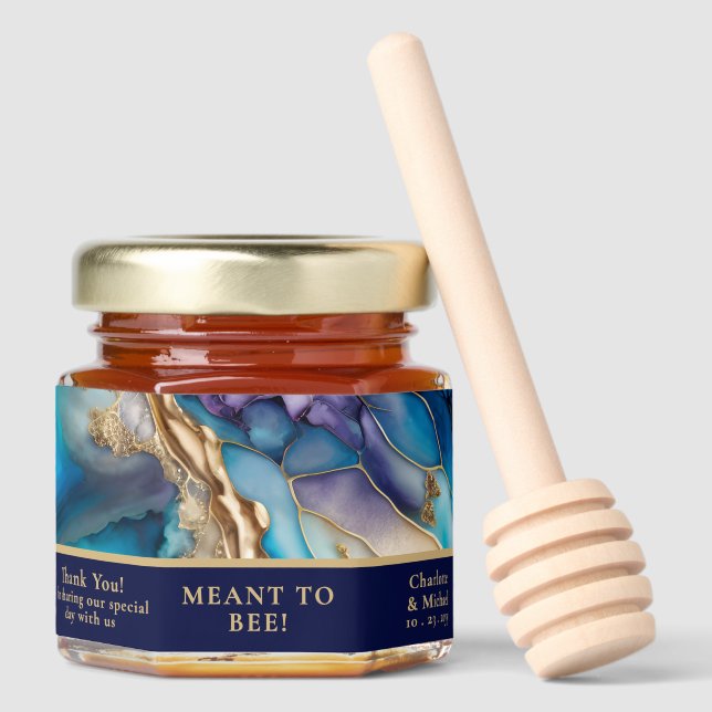 Modern Elegant Blue Gold Marble Custom Wedding Honey Jar Favors (Front)