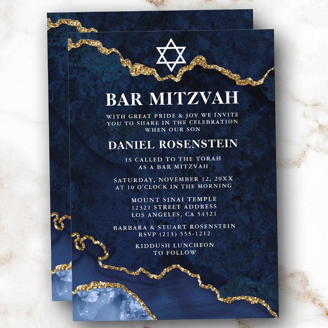 Modern Elegant Blue Gold Marble Geode Bar Mitzvah Invitation (Customize to change text size, text style or to add more text to back of card.)