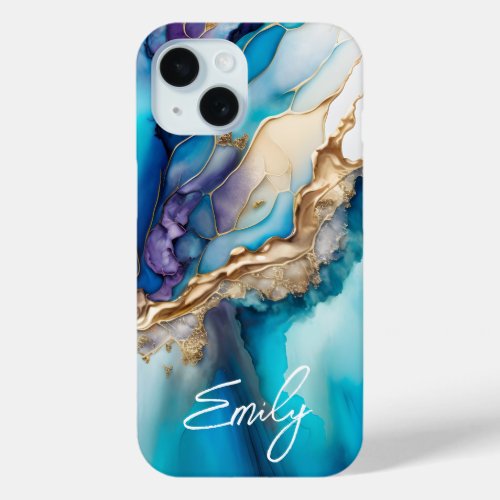 Modern Elegant Blue Gold Marble Personalized Name iPhone 15 Case