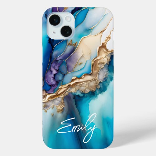 Modern Elegant Blue Gold Marble Personalized Name iPhone 15 Plus Case