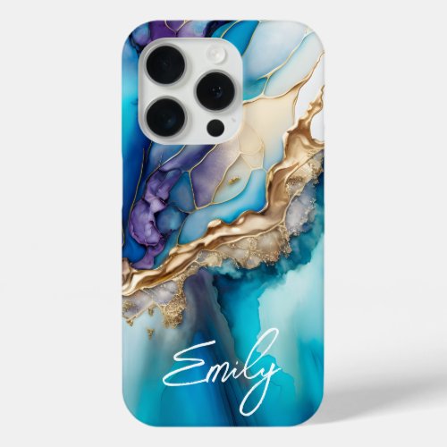 Modern Elegant Blue Gold Marble Personalized Name iPhone 15 Pro Case
