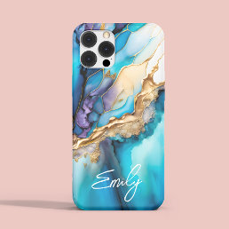 Modern Elegant Blue Gold Marble Personalized Name iPhone 15 Pro Max Case
