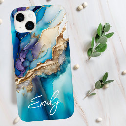 Modern Elegant Blue Gold Marble Personalized Name Case-Mate iPhone 14 Plus Case