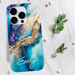Modern Elegant Blue Gold Marble Personalized Name Case-Mate iPhone 14 Pro Case