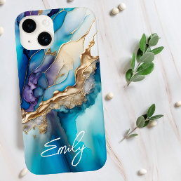Modern Elegant Blue Gold Marble Personalized Name Case-Mate iPhone 14 Case