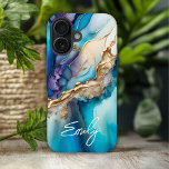 Modern Elegant Blue Gold Marble Personalized Name iPhone 16 Case<br><div class="desc">Modern Elegant Blue Gold Marble Personalized Name iPhone 16 Cases features your personalized name in an elegant calligraphy script typography on a modern blue and gold marble background. Perfect gift for her for birthday,  mom for Mother's Day,  sister or bestie for Christmas and holidays. Designed by ©Evco Studio www.zazzle.com/store/evcostudio</div>