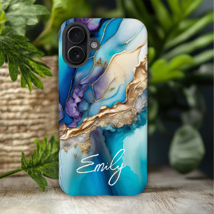 Modern Elegant Blue Gold Marble Personalized Name iPhone 16 Plus Case