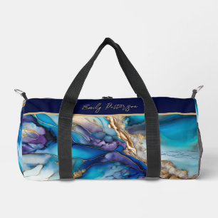 Modern Elegant Blue Gold Marble Personalized Name Duffle Bag